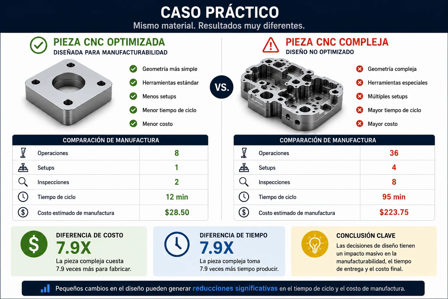 Comparación entre una pieza CNC optimizada y una pieza CNC compleja mostrando diferencias en tiempo de ciclo y costo de manufactura