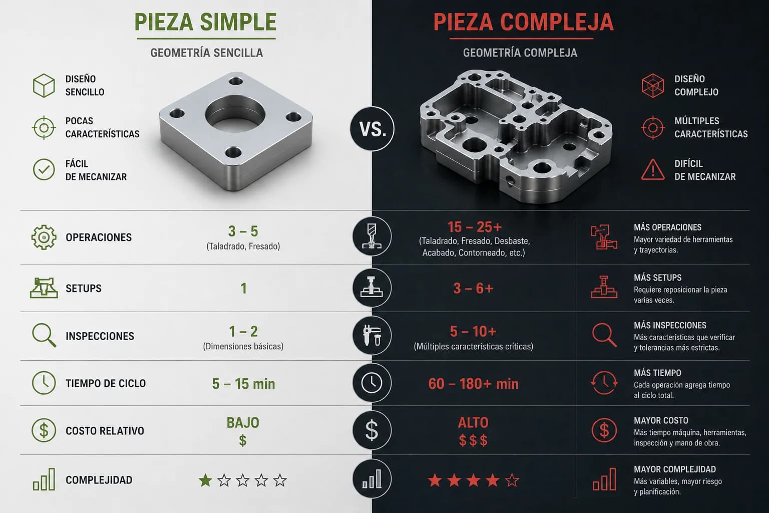 Comparación entre una pieza simple y una pieza compleja mostrando diferencias en operaciones de mecanizado