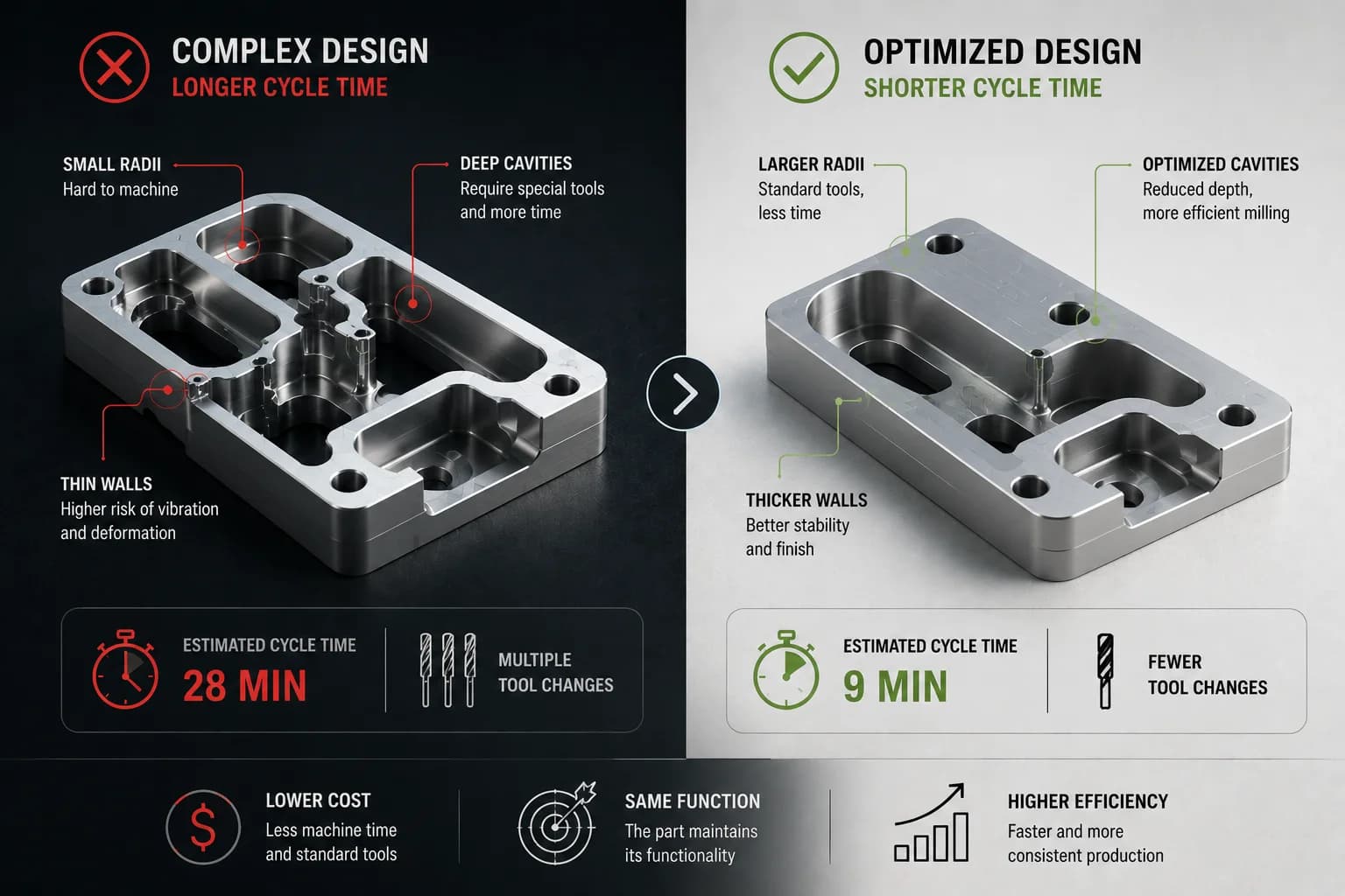 Comparison between optimized CNC design and complex design with deep pockets, small radii, and difficult-to-machine geometry