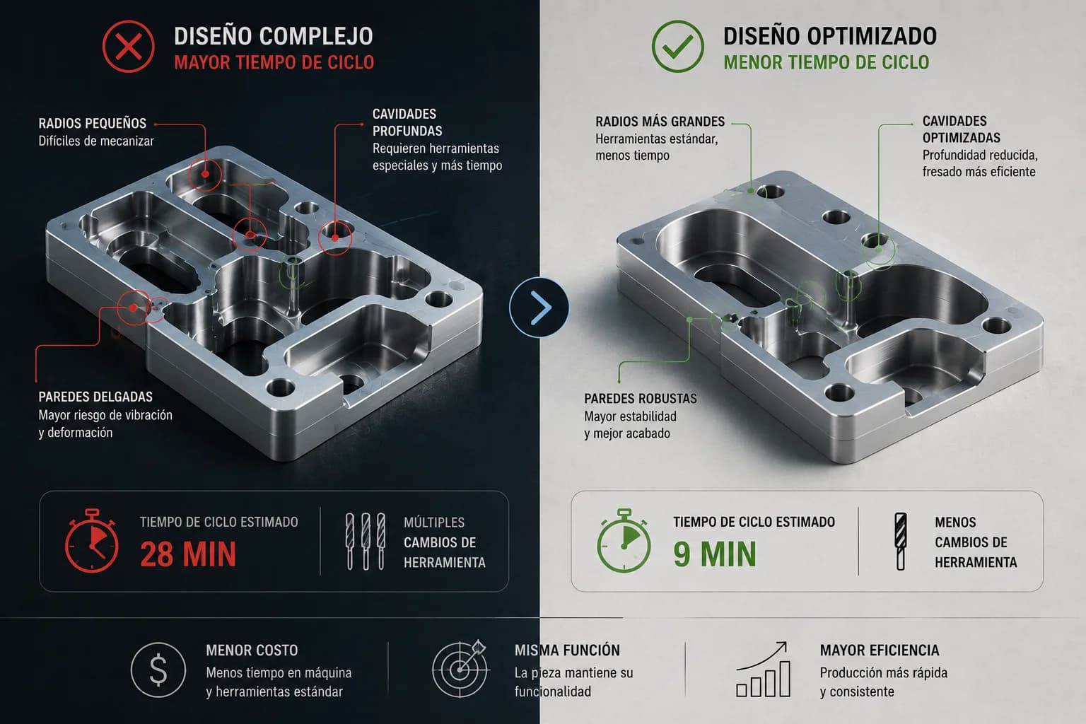 Comparación entre diseño CNC optimizado y diseño complejo con cavidades profundas, radios pequeños y geometrías difíciles de mecanizar