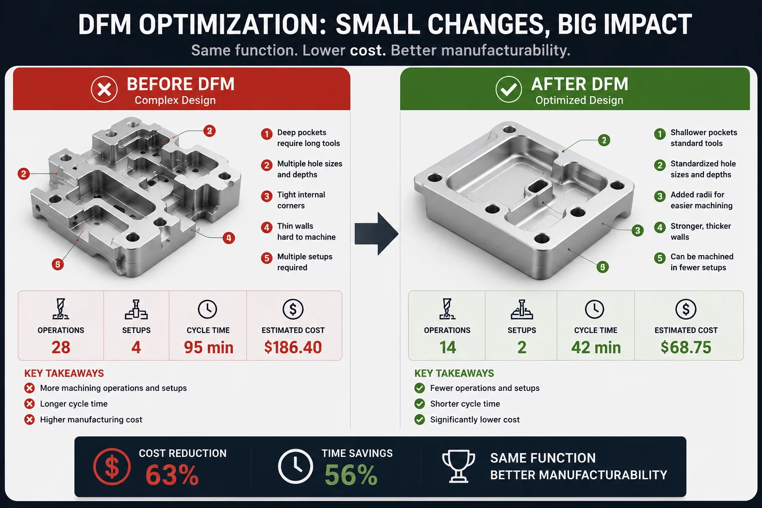 Before and after comparison of DFM optimization showing reduced complexity and manufacturing cost