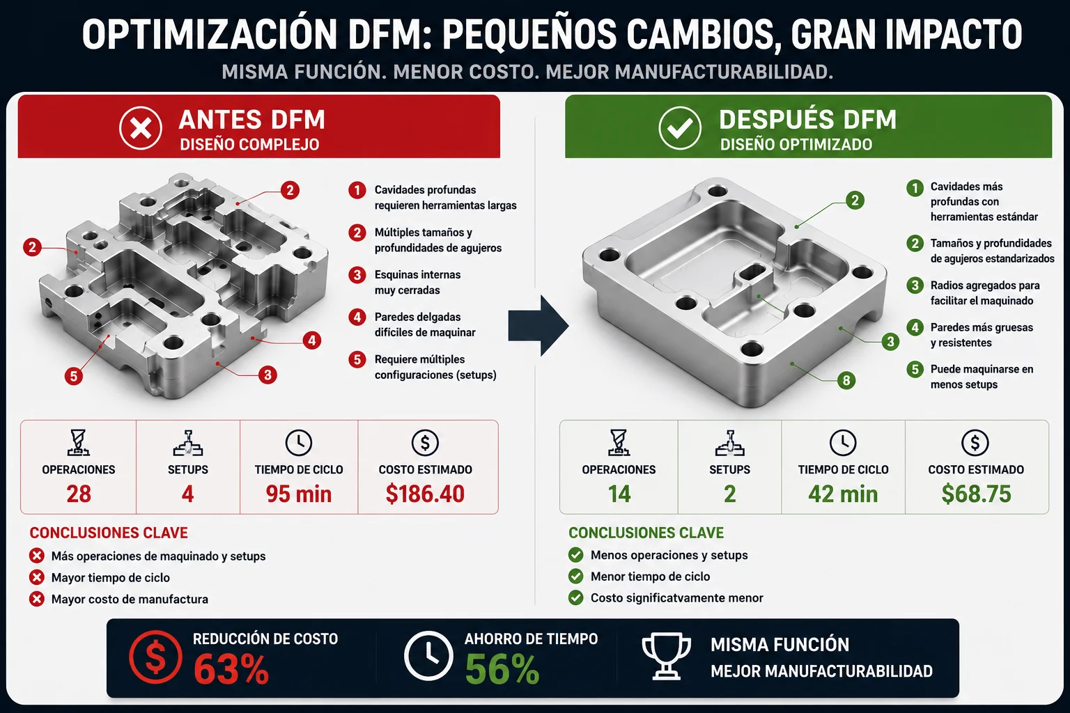 Comparación antes y después de una optimización DFM mostrando reducción de complejidad y costo de manufactura