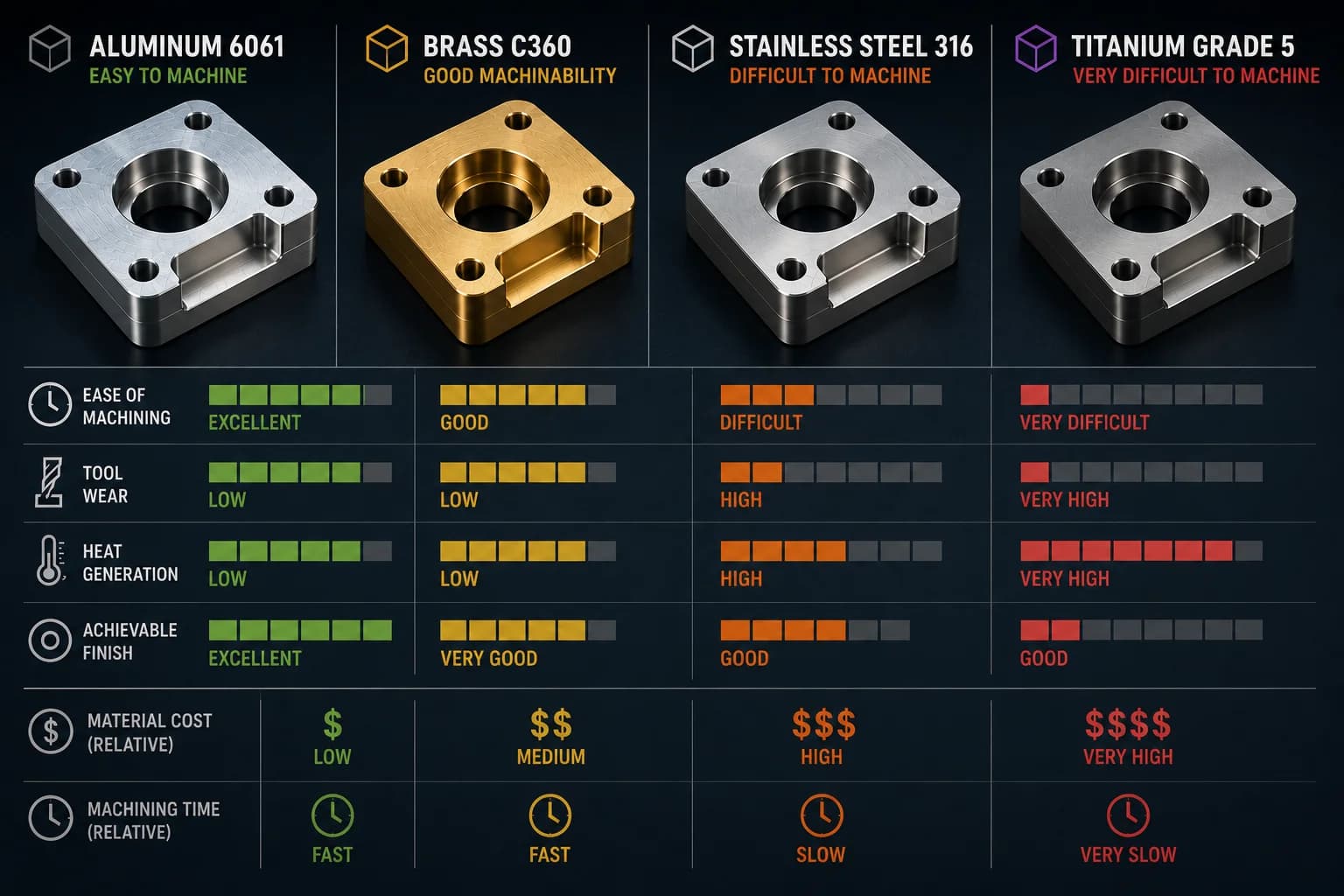 Visual comparison of 6061 aluminum, C360 brass, 316 stainless steel, and grade 5 titanium showing machinability differences