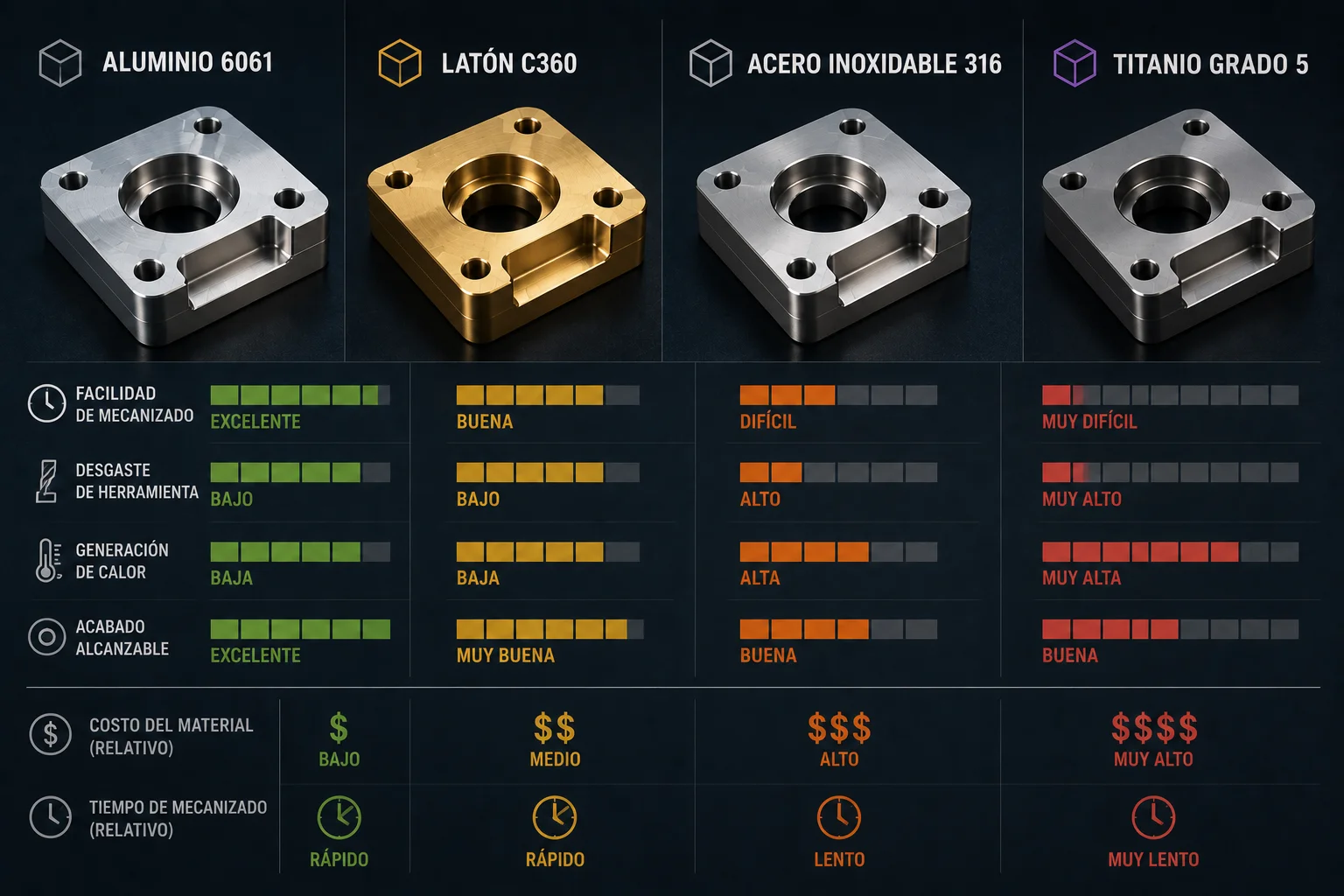 Comparación visual de aluminio 6061, latón C360, acero inoxidable 316 y titanio grado 5 mostrando diferencias de maquinabilidad