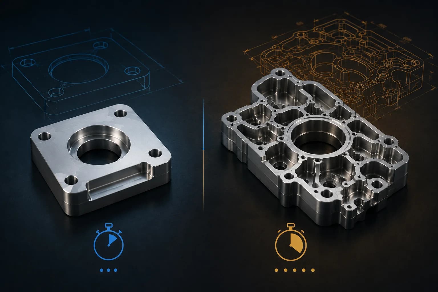 Comparación entre una pieza CNC simple y una pieza CNC compleja fabricadas con el mismo material mostrando diferencias de tiempo de ciclo