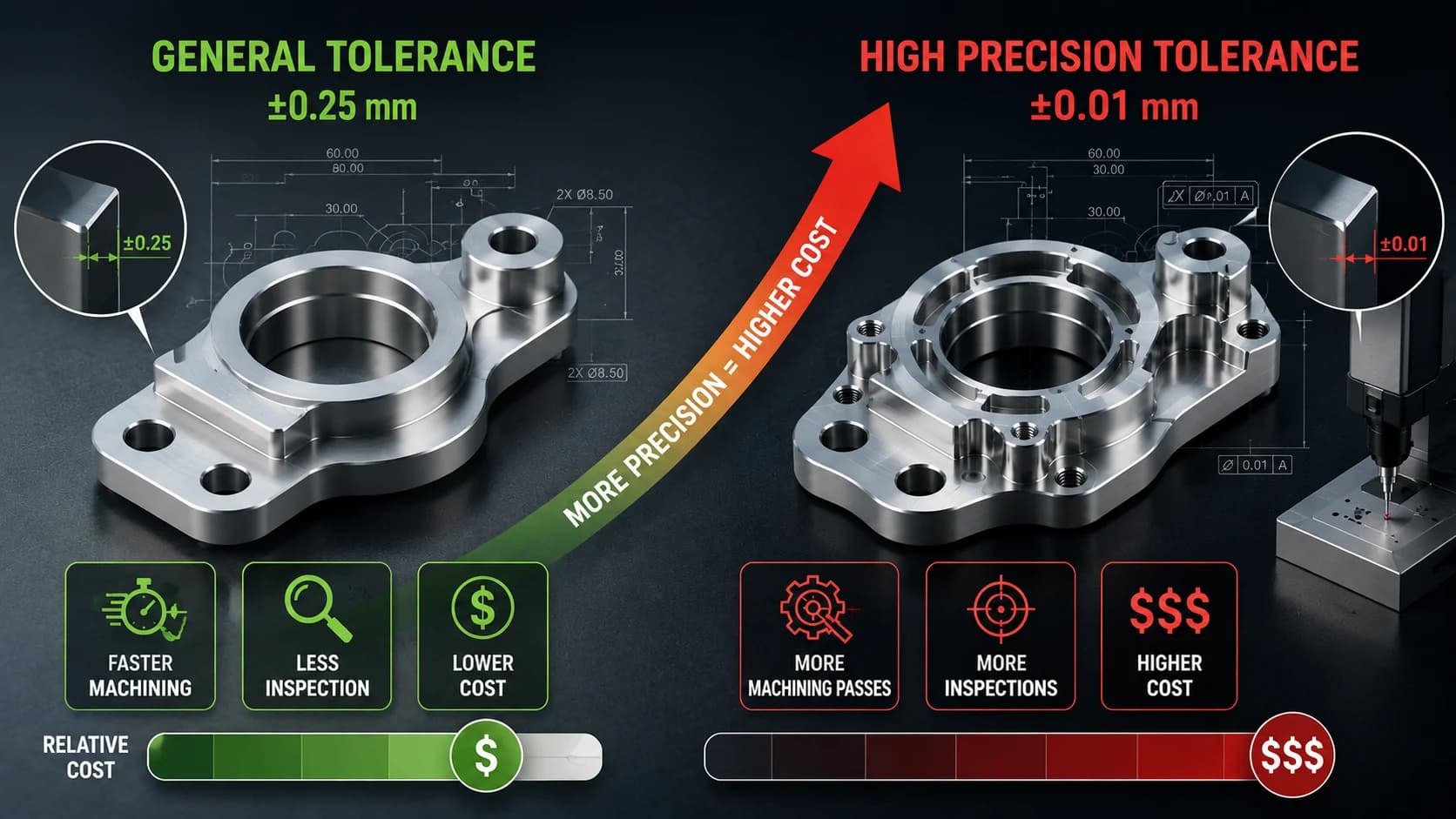 Comparison between general tolerances and high-precision tolerances showing increased CNC machining cost
