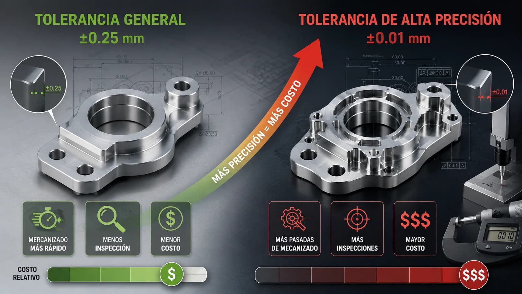 Comparación entre tolerancias generales y tolerancias de alta precisión mostrando el incremento de costo en maquinado CNC