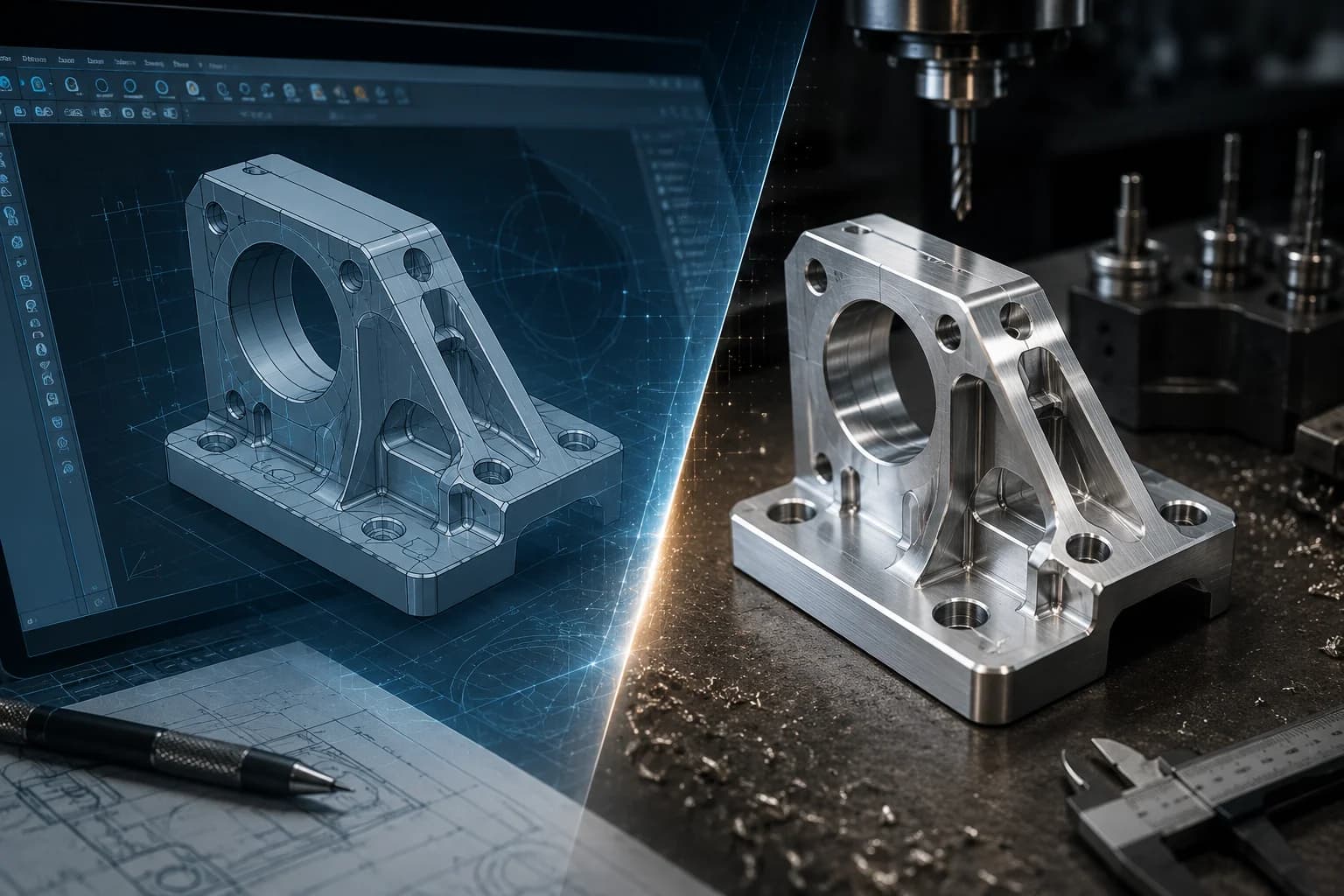 Comparison between a CAD model and a finished CNC part showing how design decisions impact manufacturing cost