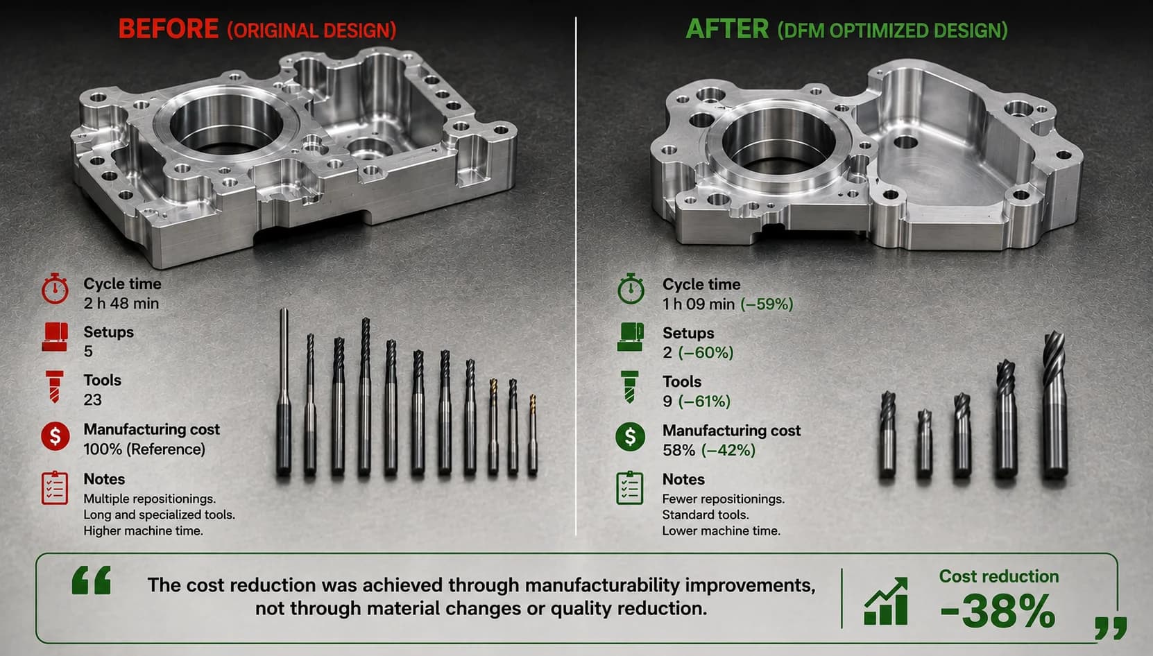 Before and after comparison of a DFM optimization showing reduced setups, tools, and cycle time on a CNC part