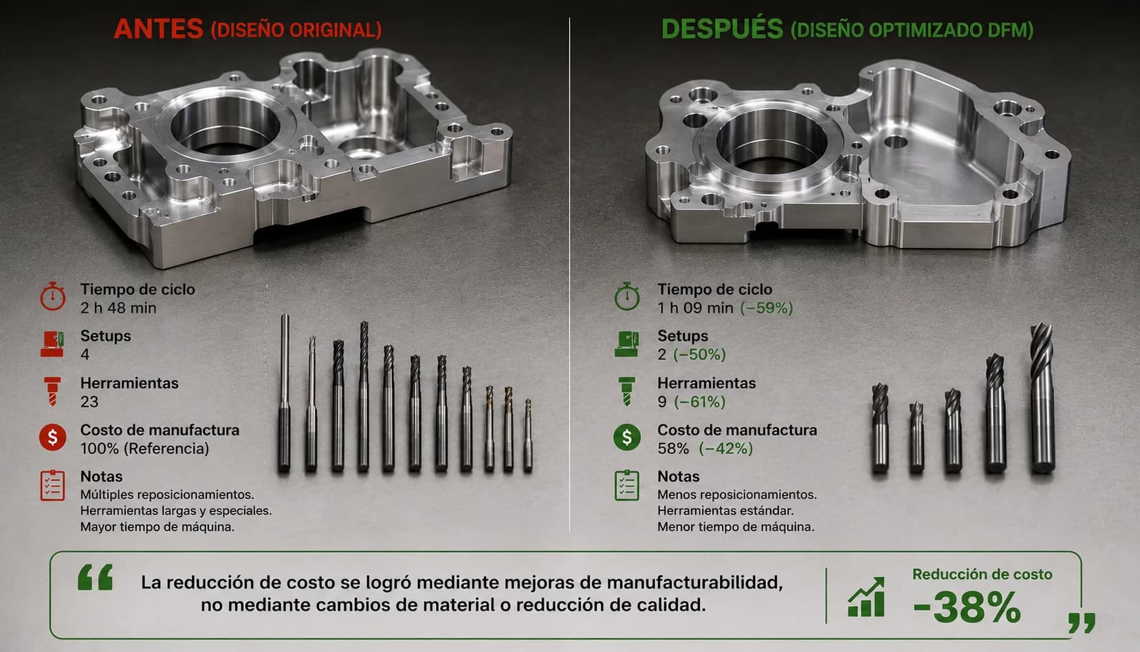 Comparación antes y después de una optimización DFM mostrando reducción de setups, herramientas y tiempo de ciclo en una pieza CNC