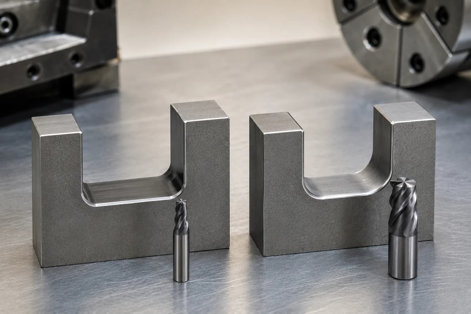 Comparison between small internal fillets and manufacturing-optimized fillets showing differences in tools and productivity