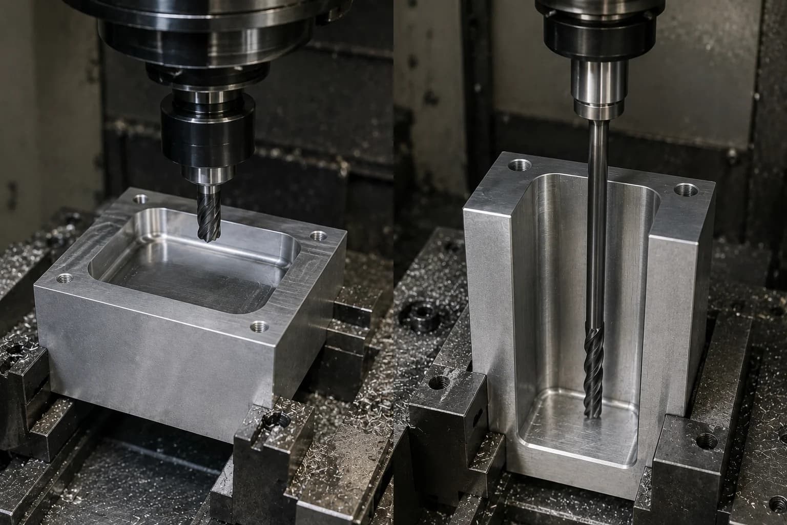 Comparison between an optimized pocket and a deep pocket showing differences in tool, rigidity, and cycle time