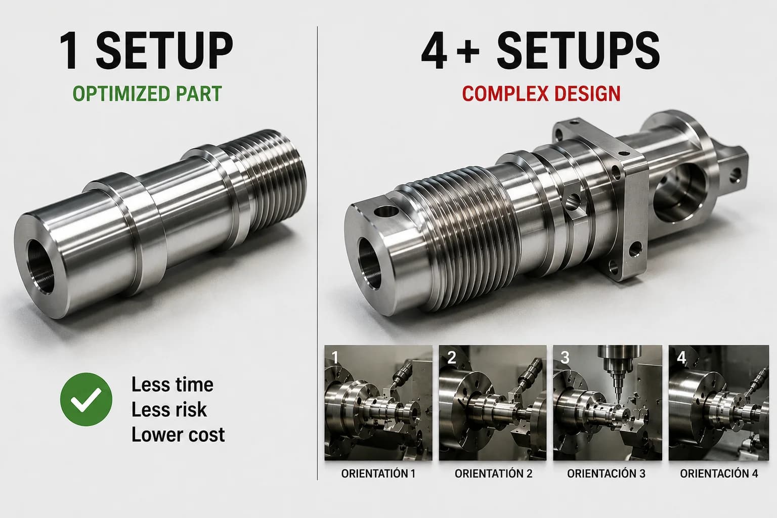 Comparison between an optimized CNC part that requires a single setup and a complex part that needs multiple orientations and re-clamping