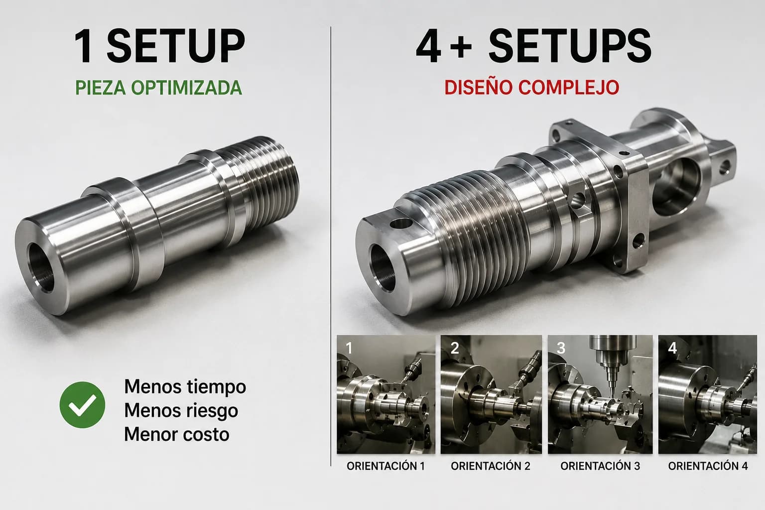 Comparación entre una pieza CNC optimizada que requiere un solo setup y una pieza compleja que necesita múltiples orientaciones y re-montajes