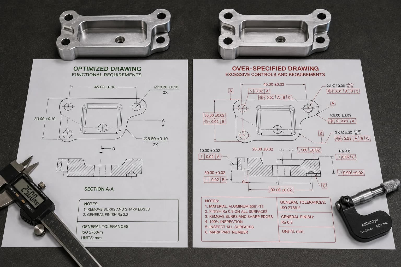 Comparison between an optimized drawing with functional requirements and an over-specified drawing with multiple controls, finishes, and inspections