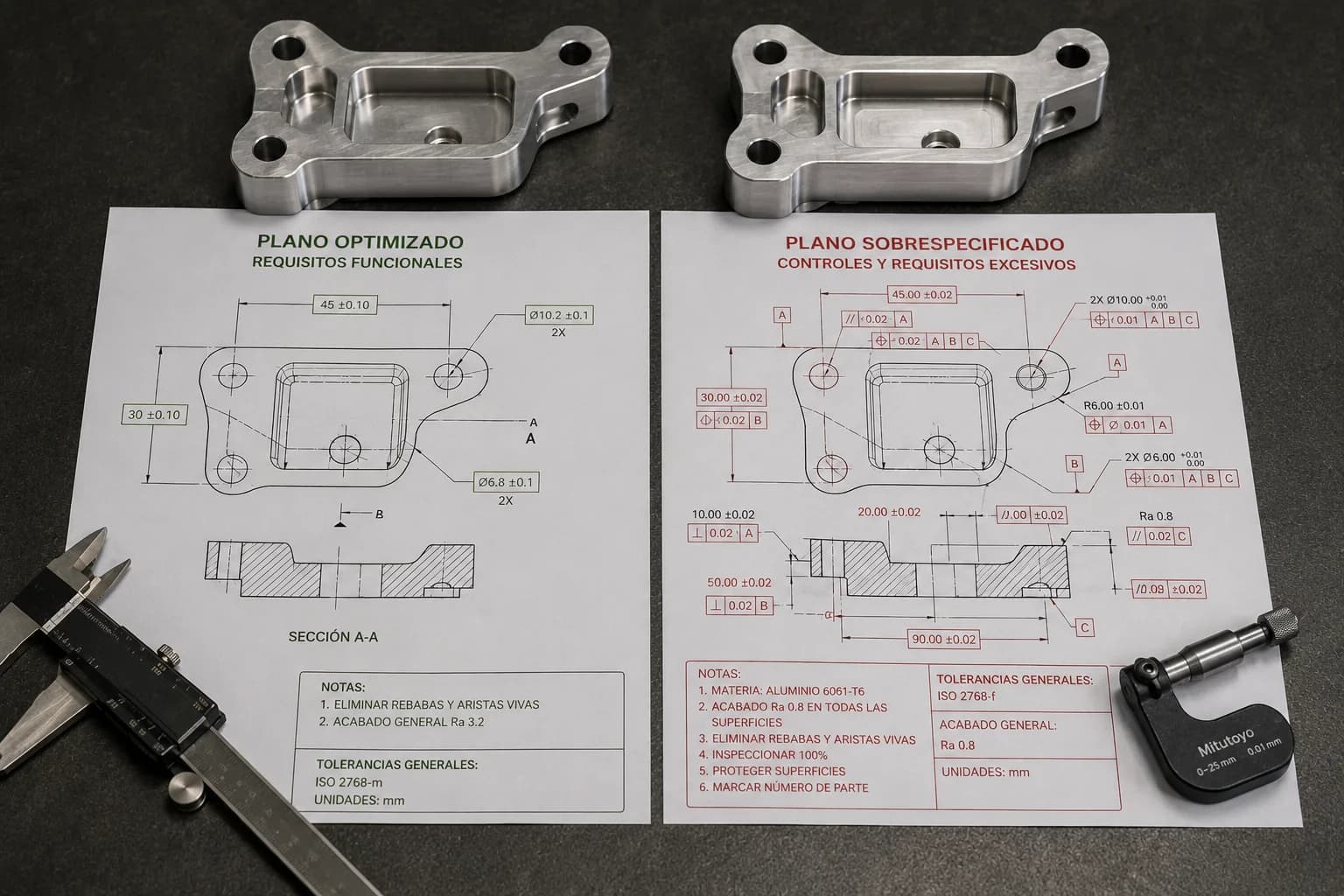 Comparación entre un plano optimizado con requisitos funcionales y un plano sobreespecificado con múltiples controles, acabados e inspecciones