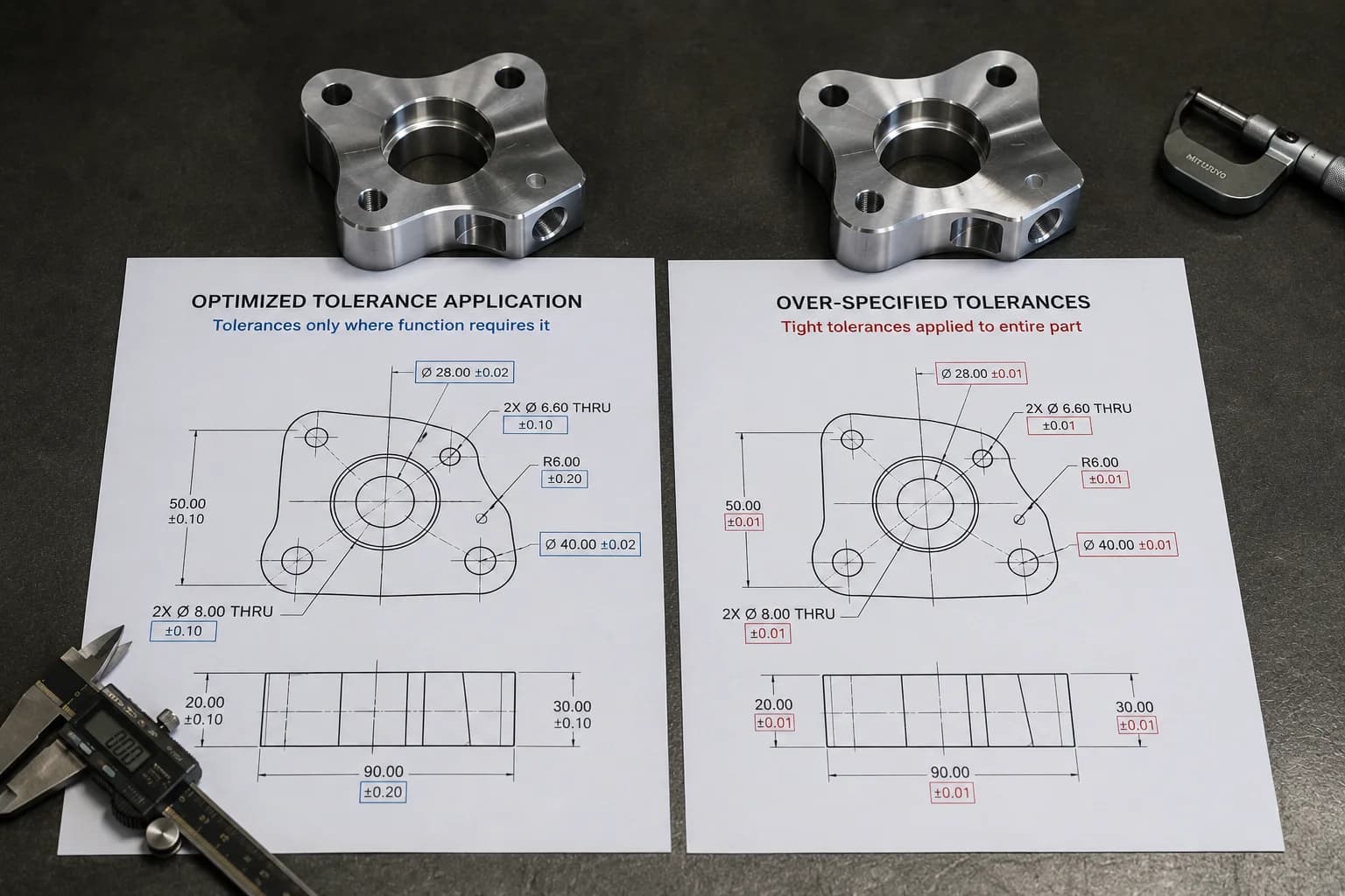Comparison between a drawing with critical tolerances only where needed and one with tight tolerances across the entire part
