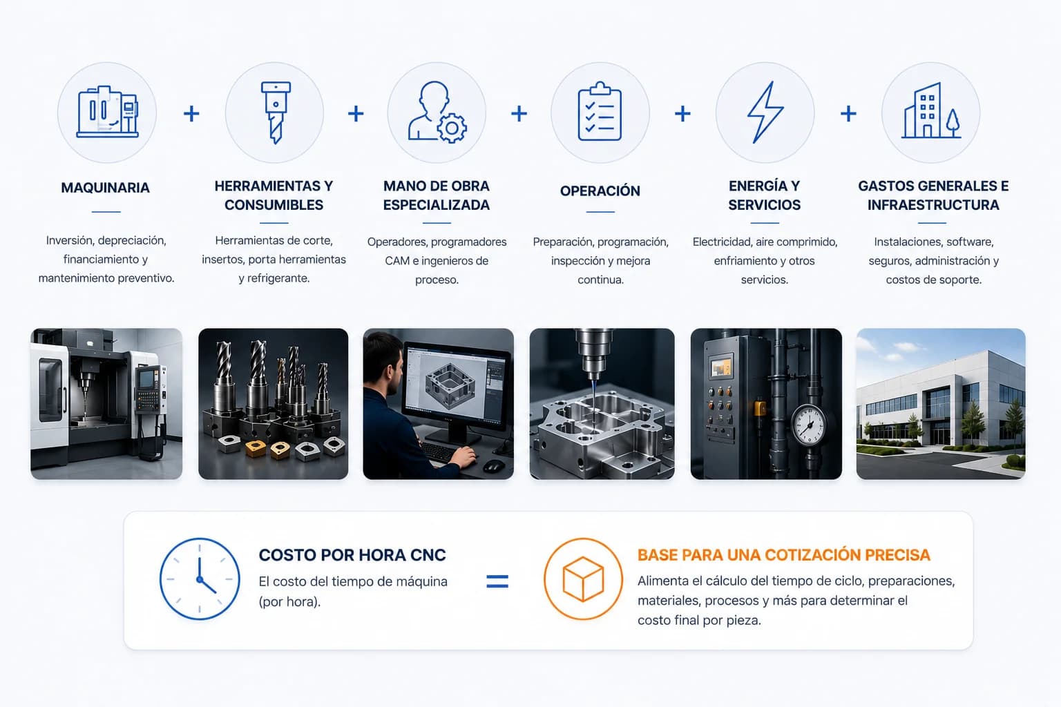 Factores que componen el costo por hora de una máquina CNC incluyendo maquinaria, herramientas, personal especializado y operación de planta