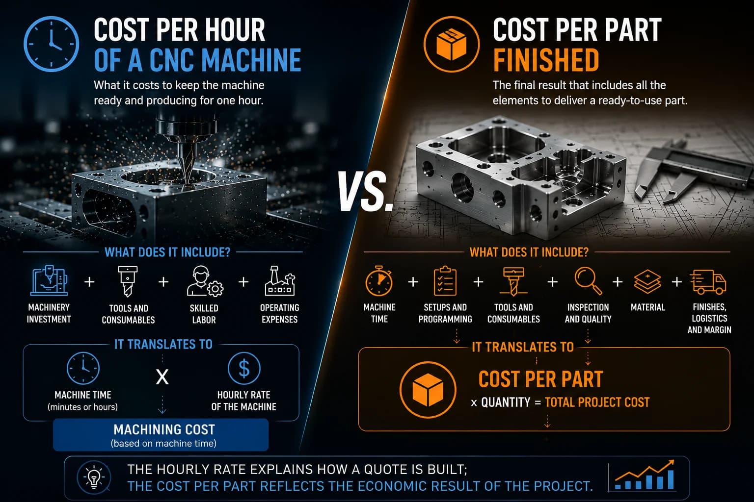 Visual comparison between CNC machine hourly cost and total cost per manufactured part