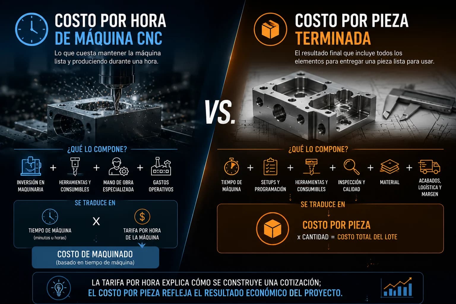 Comparación visual entre costo por hora de una máquina CNC y costo total por pieza fabricada