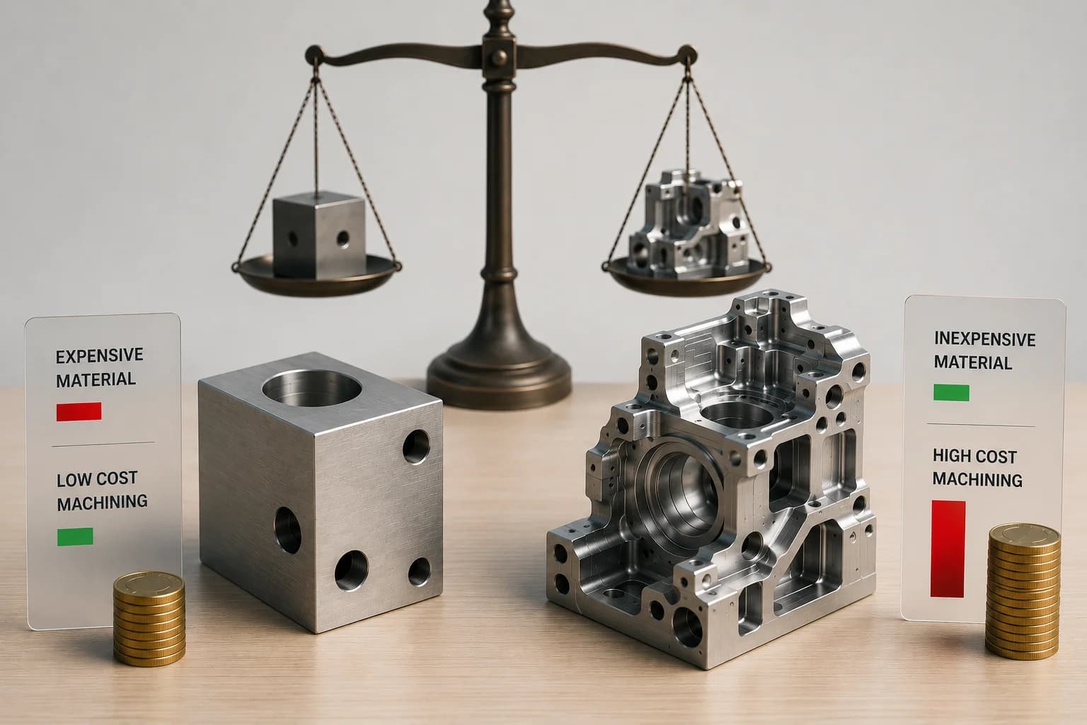 Comparison of a simple part made from costly material versus a complex part made from economical material