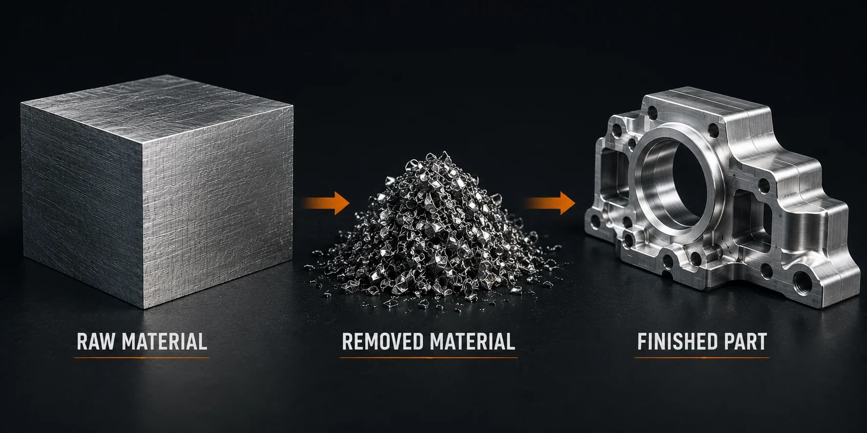 Comparison of raw stock and finished CNC part showing volume removed during machining