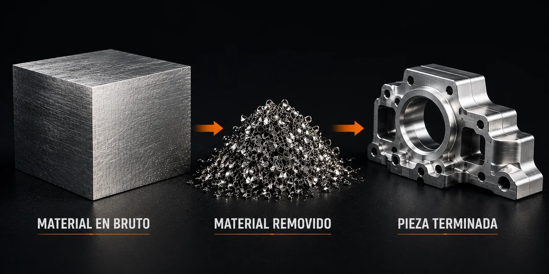 Comparación entre material en bruto y pieza CNC terminada mostrando el volumen removido durante el mecanizado