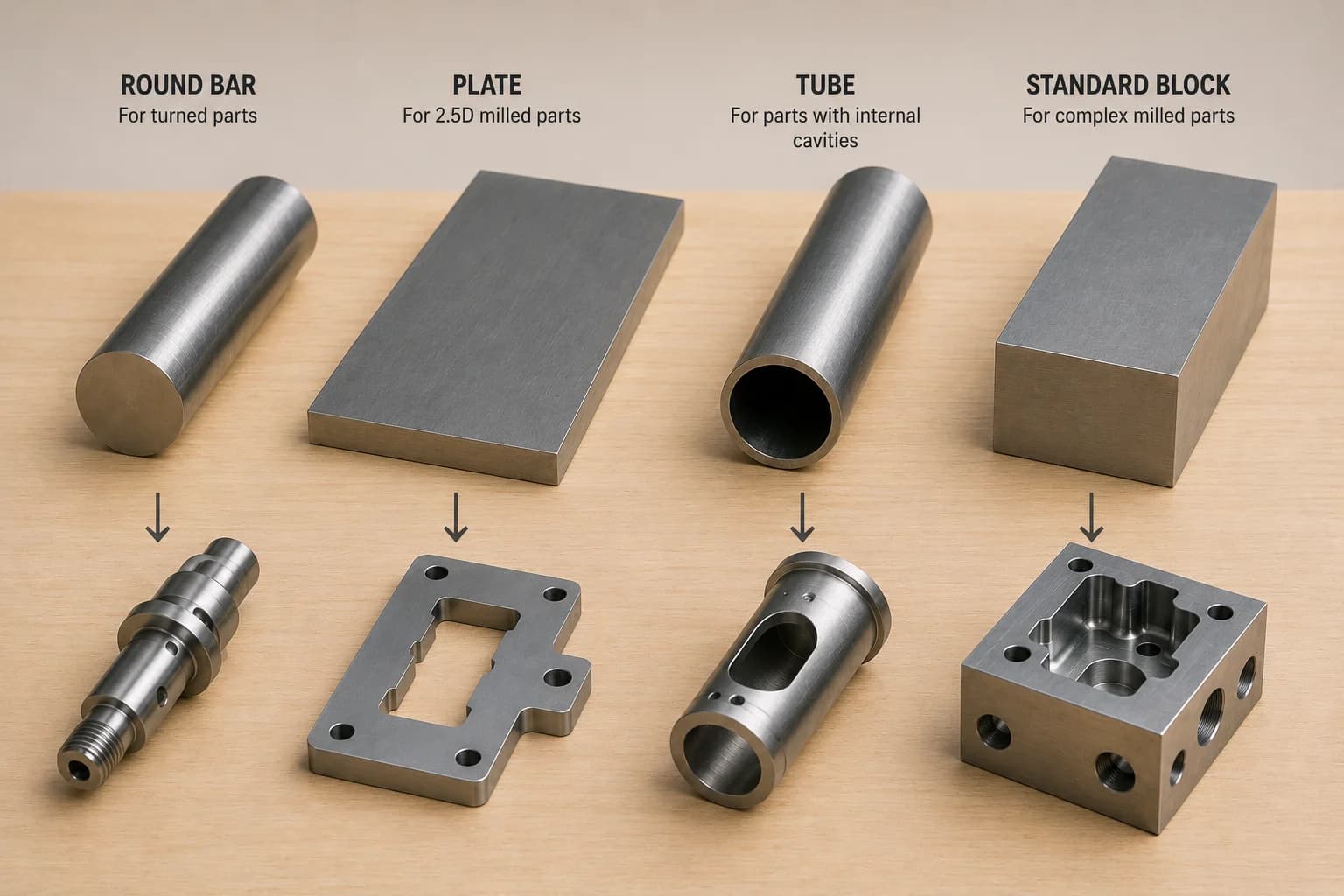 Standard bar, plate, tube, and block used as commercial stock formats for CNC machining