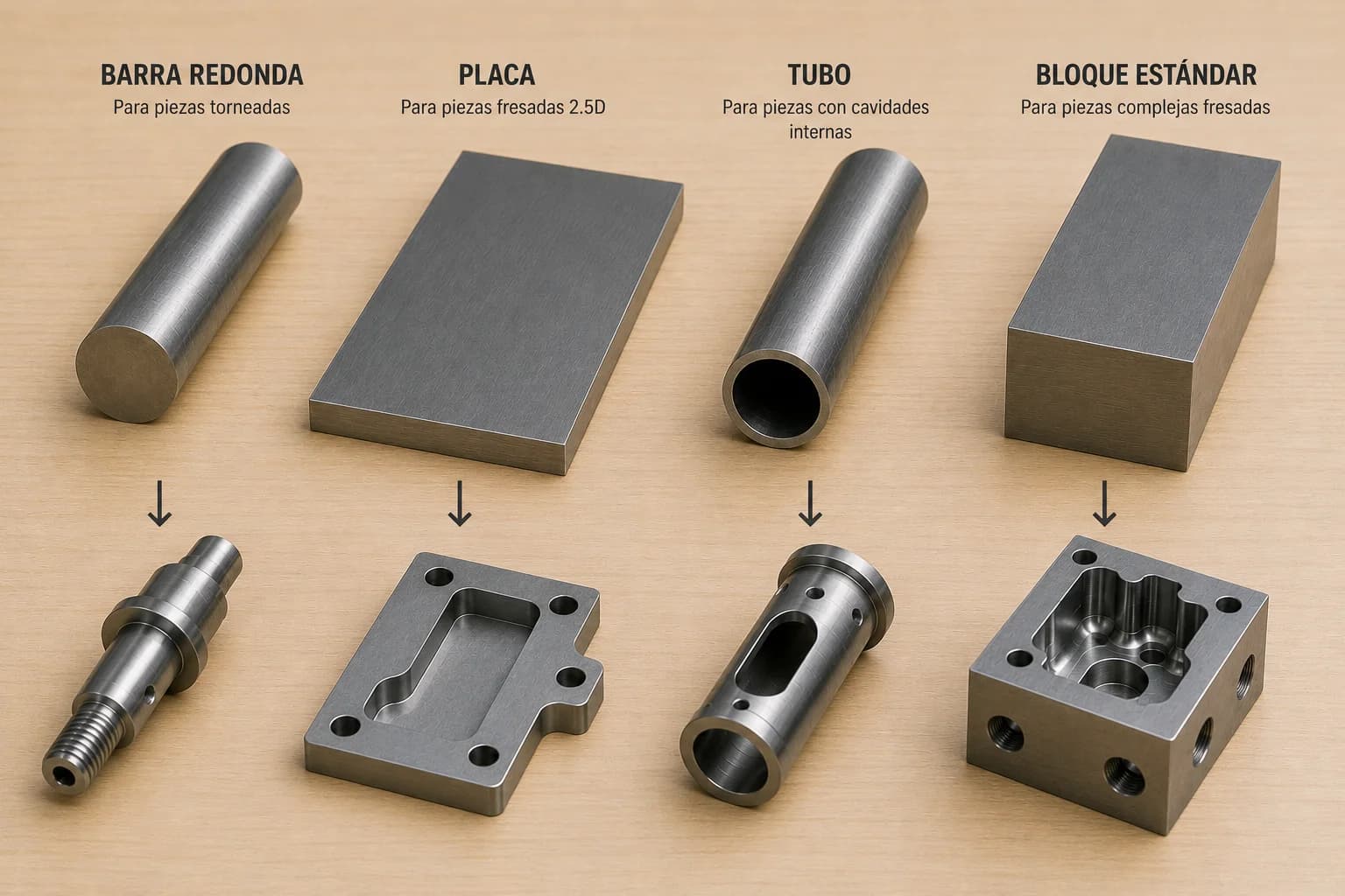 Barra, placa, tubo y bloque estándar utilizados como formatos comerciales para maquinado CNC