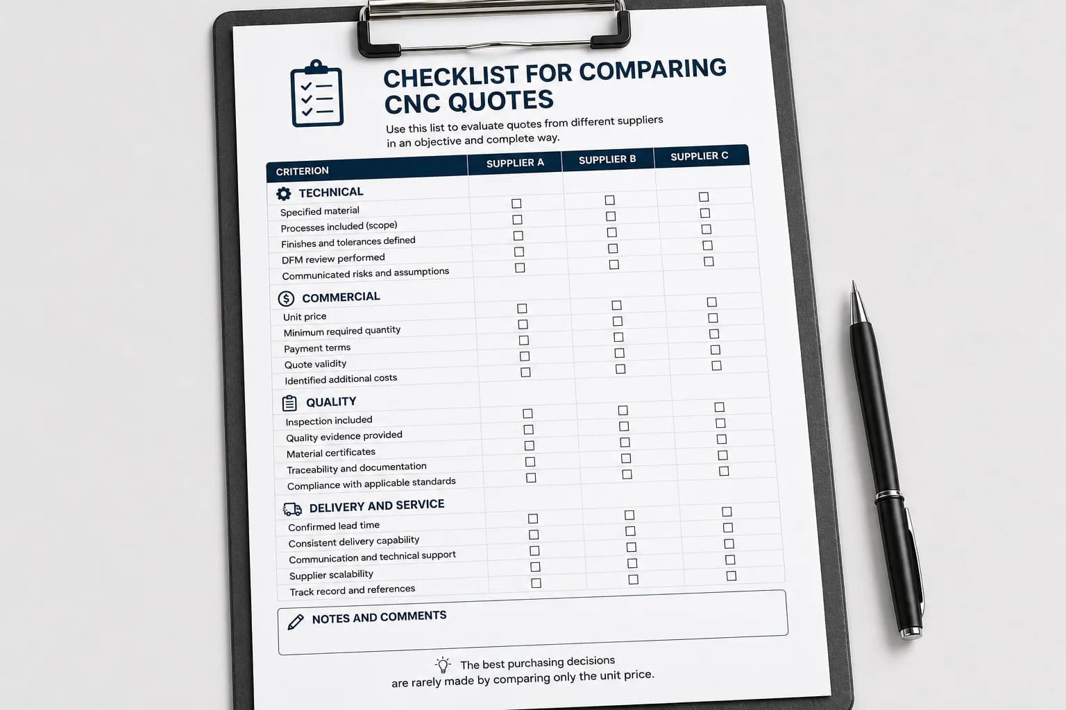 Printed checklist for comparing CNC quotes across multiple suppliers using technical, commercial, and quality criteria