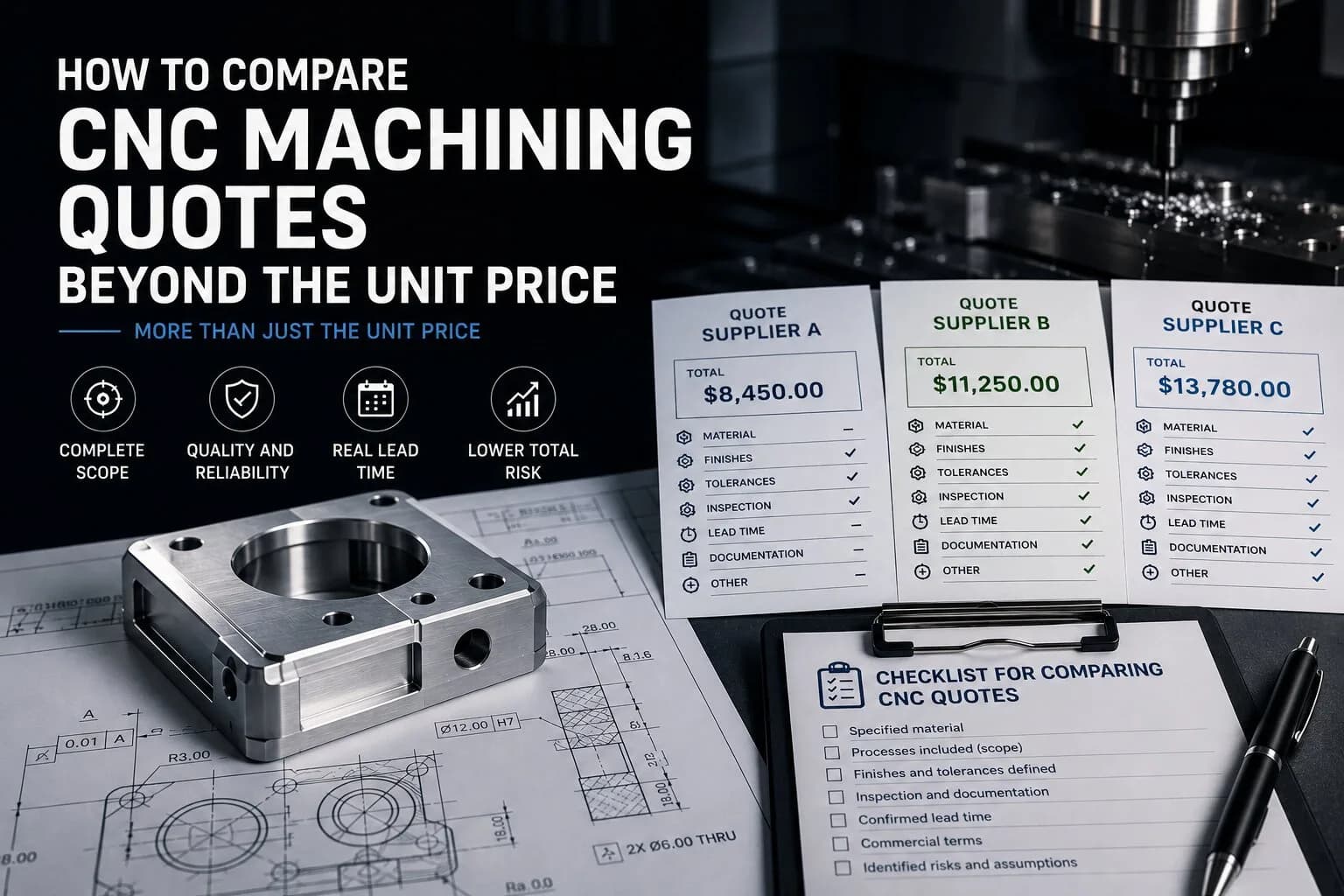 Three CNC machining quotes on a desk with a technical drawing, a machined part, and a supplier comparison checklist