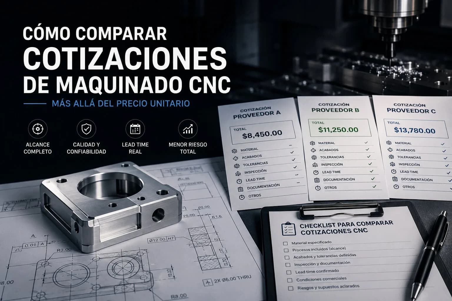 Tres cotizaciones de maquinado CNC sobre un escritorio con plano técnico, pieza mecanizada y checklist de comparación entre proveedores