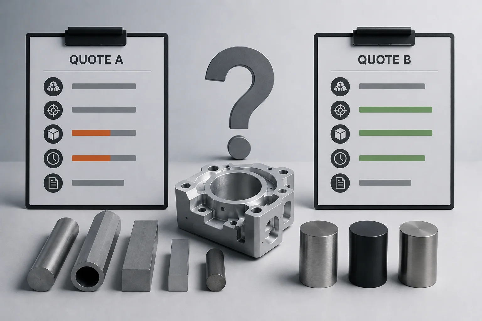 Comparison of materials used in CNC quotes showing aluminum 6061, aluminum 7075, steel 1018, steel 4140, and stainless with cost and performance differences