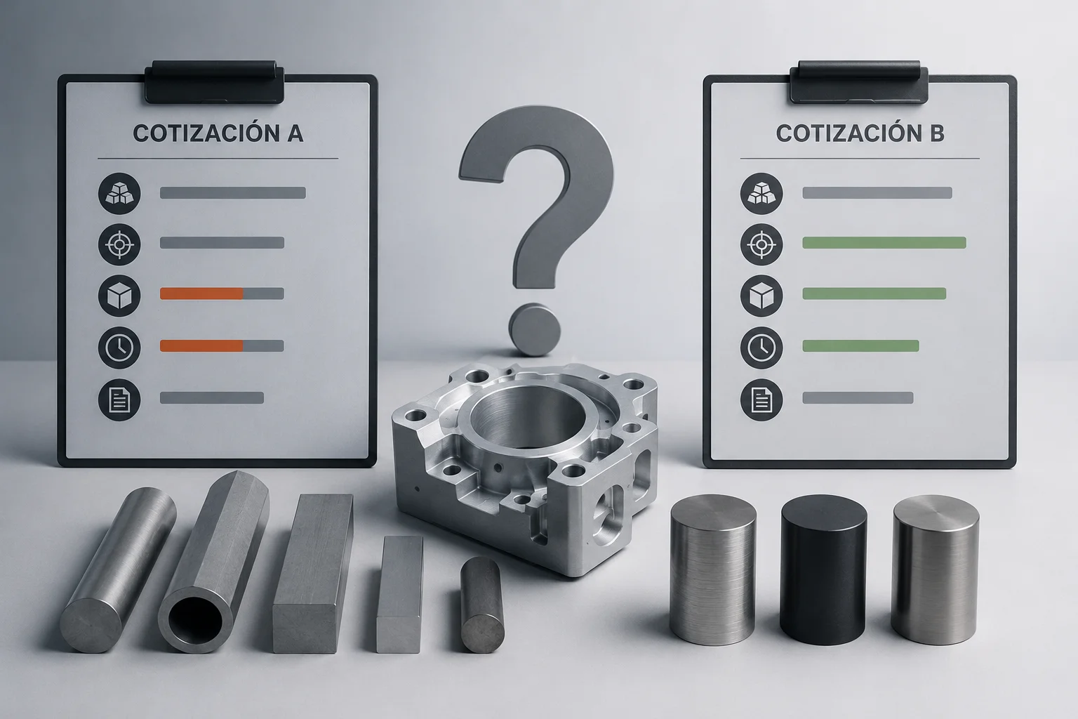 Comparación de materiales utilizados en cotizaciones CNC mostrando aluminio 6061, aluminio 7075, acero 1018, acero 4140 e inoxidable con diferencias de costo y desempeño