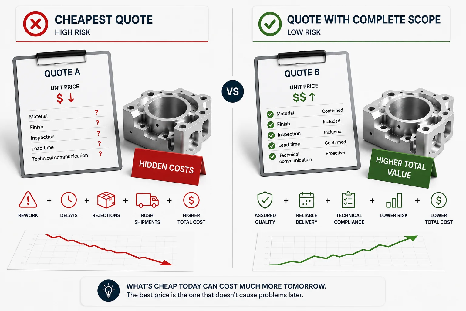 Visual comparison between a low unit price with hidden risk and a higher quote with full scope, inspection, and reliable delivery