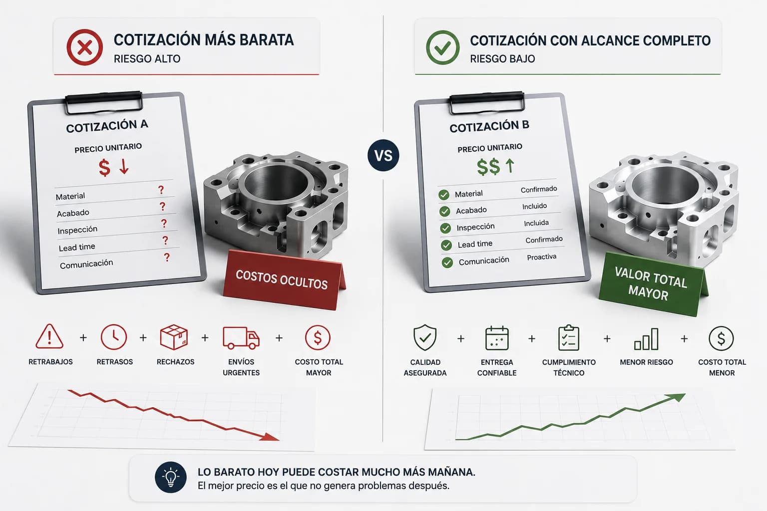 Comparación visual entre precio unitario bajo con riesgo oculto y cotización más alta con alcance completo, inspección y entrega confiable