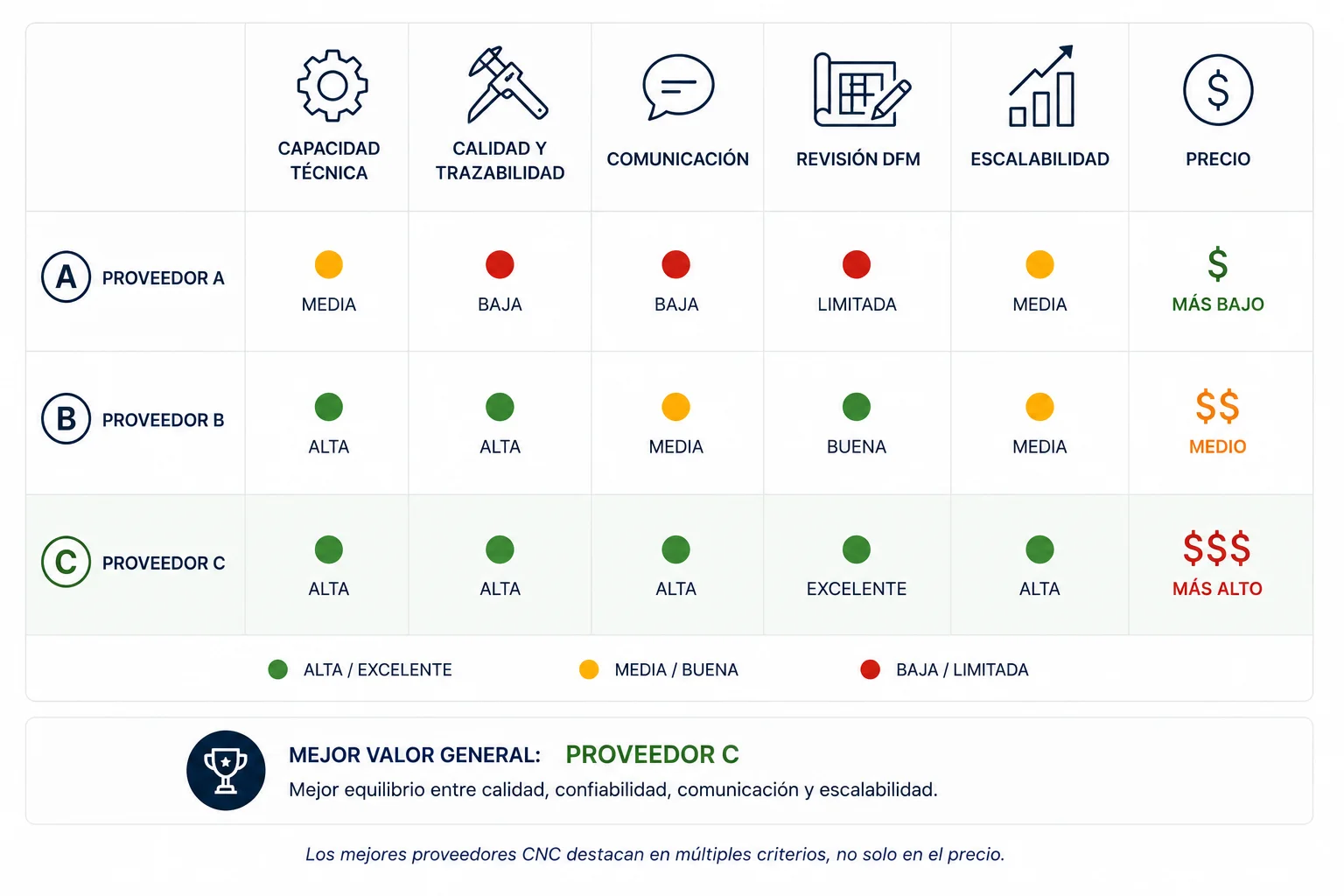 Matriz de evaluación de proveedores CNC considerando capacidad técnica, calidad, comunicación, DFM, escalabilidad y precio