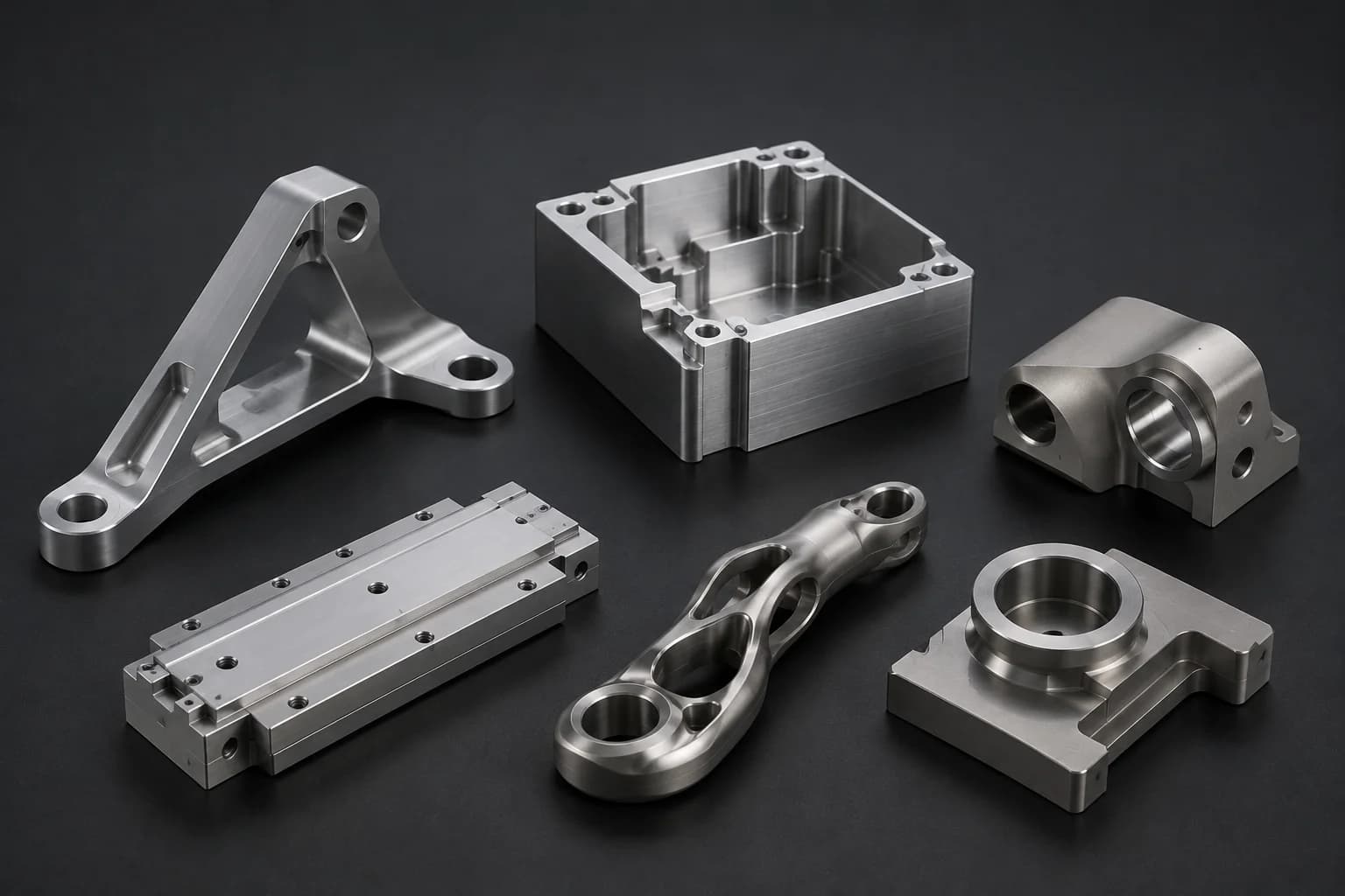 Colección de piezas industriales mecanizadas mediante fresado CNC incluyendo placas, carcasas, brackets y componentes de automatización