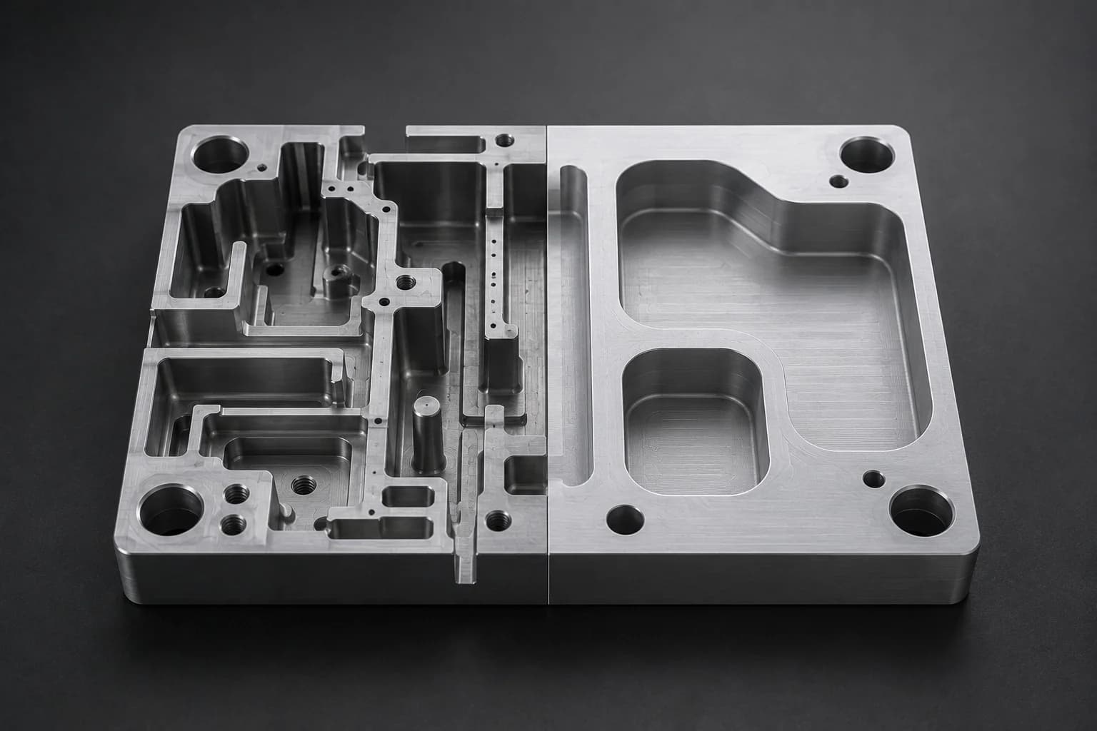 Comparación entre un diseño optimizado para manufactura y un diseño complejo con cavidades profundas, radios pequeños y múltiples setups