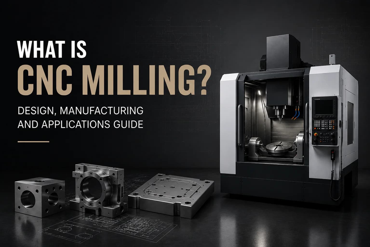 CNC machining center milling an aluminum part with multiple pockets, chip flow, and a rotary cutting tool in an industrial shop