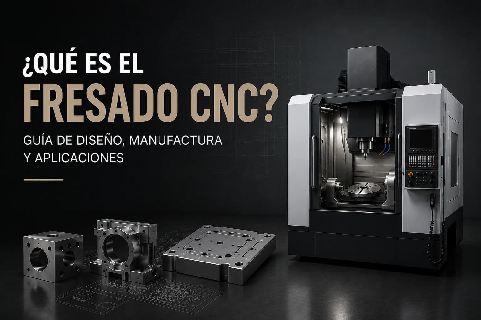 Centro de maquinado CNC fresando pieza de aluminio con múltiples cavidades, viruta y herramienta rotativa en taller industrial
