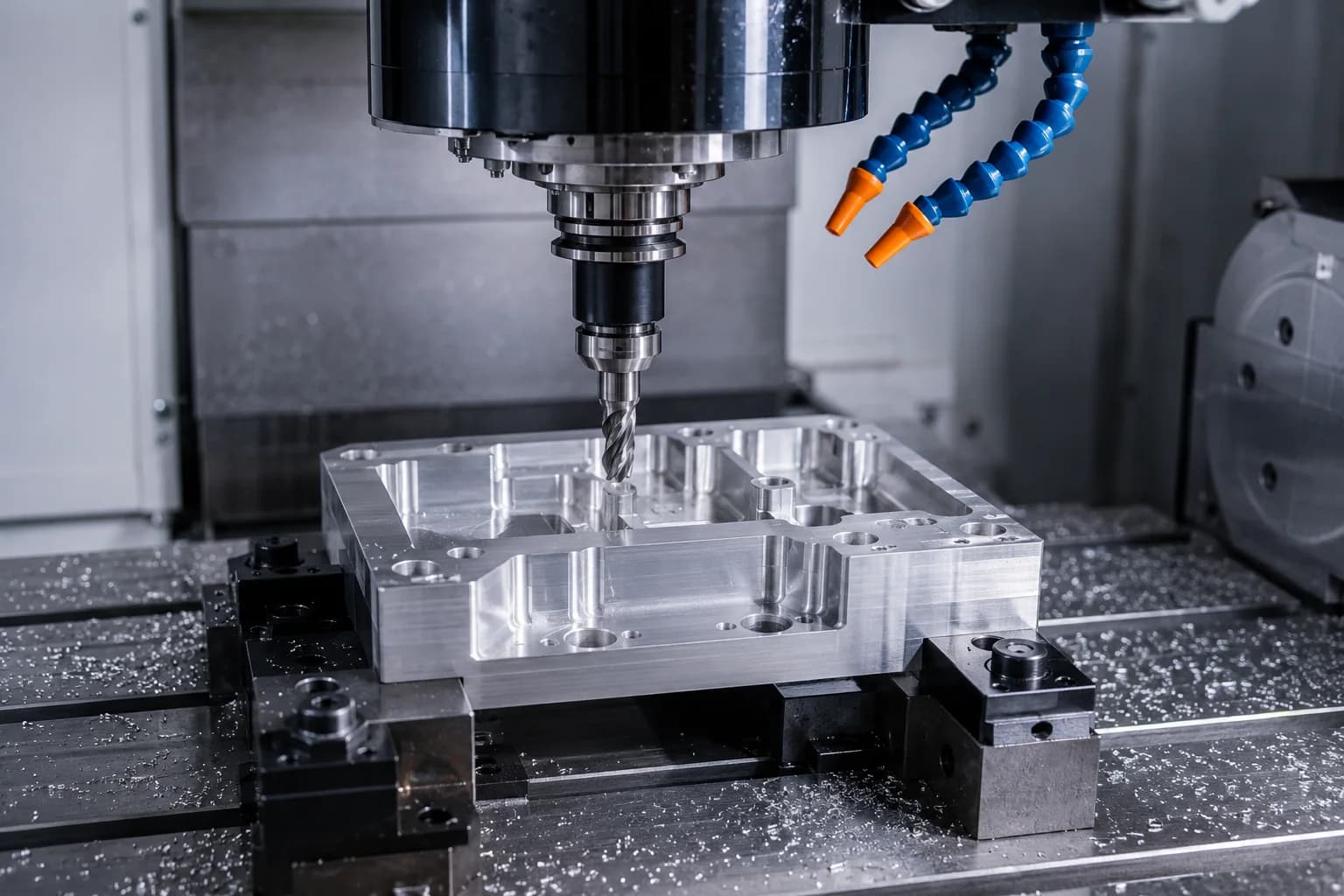 Centro de maquinado CNC vertical fresando una pieza de aluminio mediante una herramienta de corte rotativa