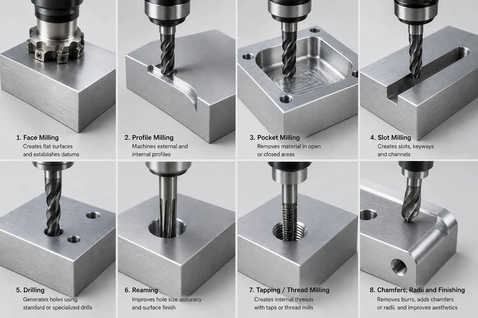 Visual comparison of CNC milling operations including facing, profiling, pockets, slots, drilling, and threading