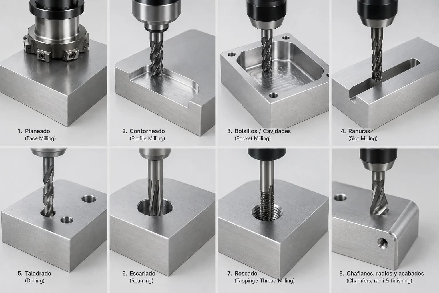 Comparación visual de operaciones de fresado CNC incluyendo planeado, contorneado, cavidades, ranuras, taladrado y roscado