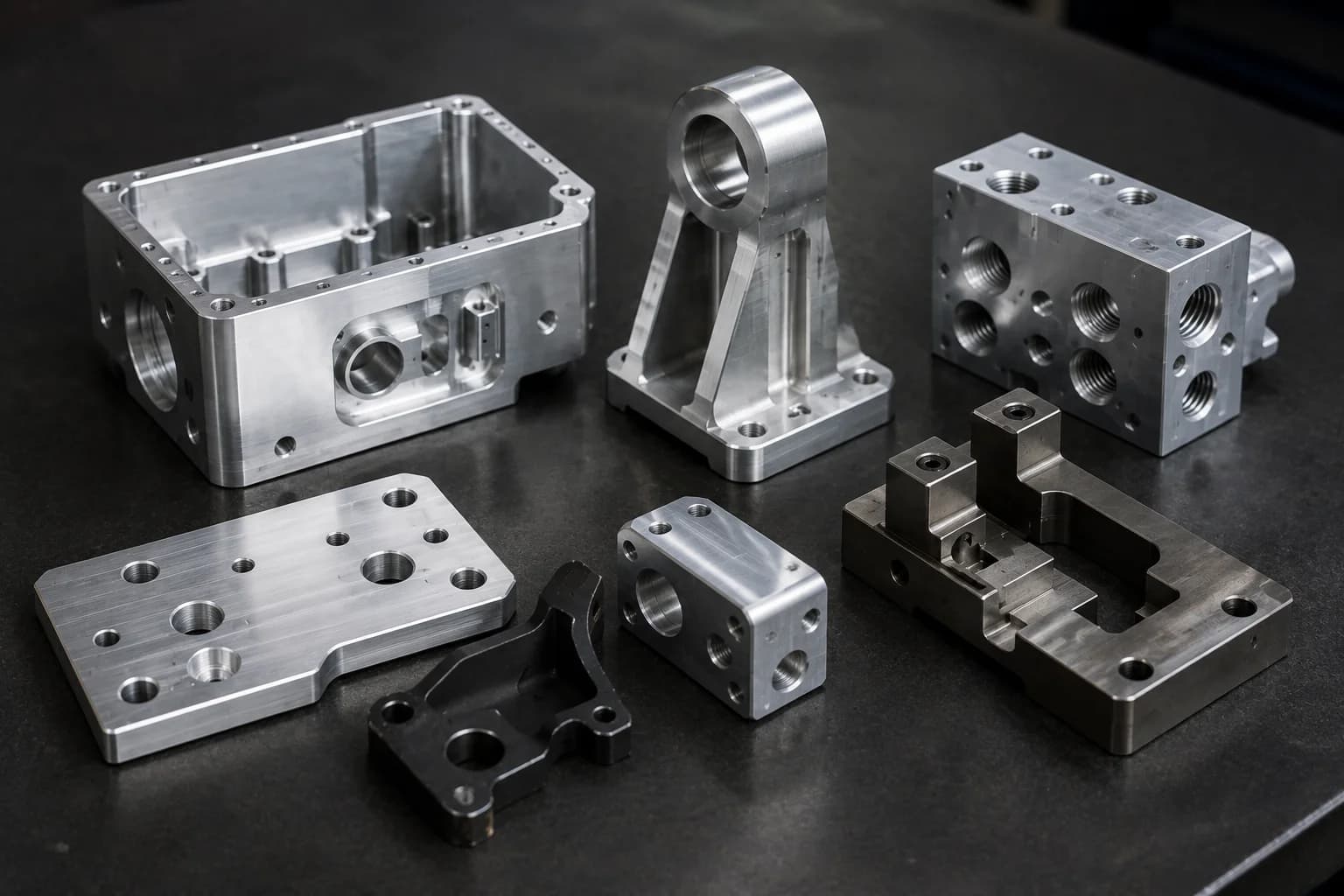 Pieza compleja de aluminio mecanizada en múltiples caras con cavidades, agujeros y contornos fresados en centro de maquinado CNC