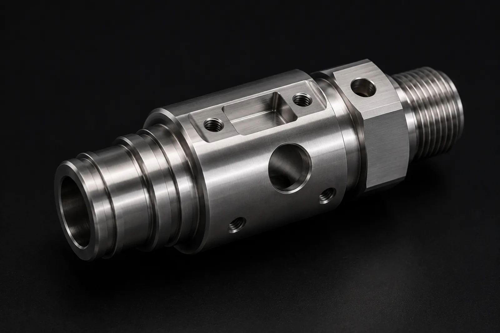 Hybrid part machined on a live-tool lathe: cylindrical component with milled flats, radial holes, and integrated milled features