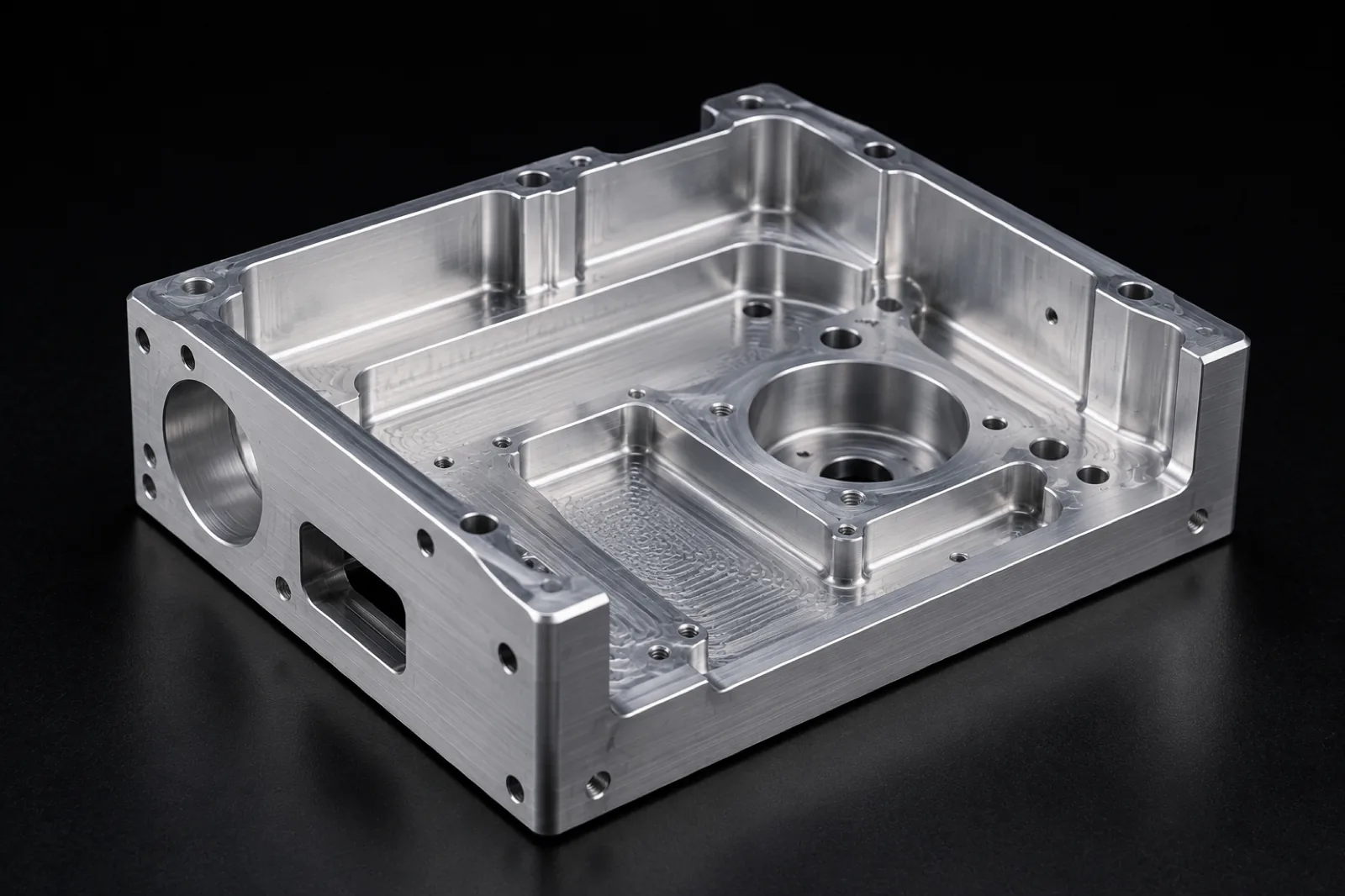 Pieza prismática compleja de aluminio mecanizada en centro de maquinado CNC con múltiples cavidades, agujeros y caras mecanizadas