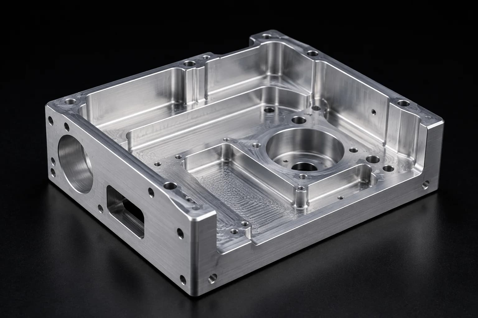 Complex prismatic aluminum part machined on a CNC machining center with multiple pockets, holes, and machined faces