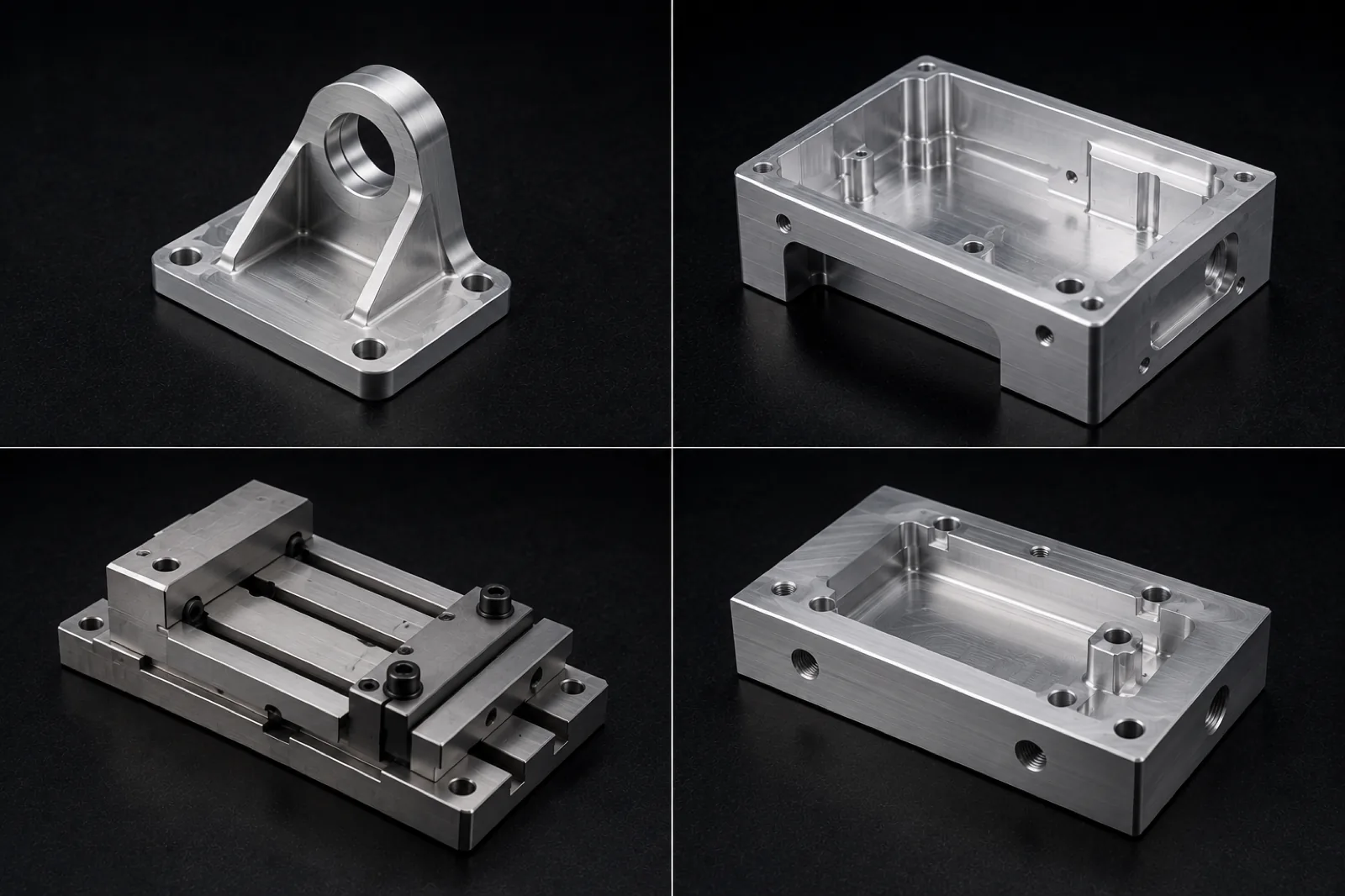 Collage de piezas fabricadas por fresado CNC: bracket de aluminio, carcasa con cavidades, fixture de sujeción y manifold con puertos mecanizados