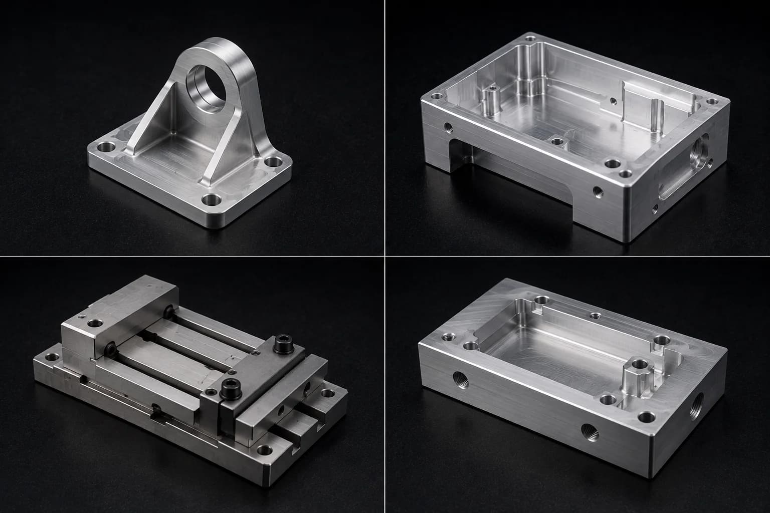 Collage of CNC milled parts: aluminum bracket, housing with pockets, machining fixture, and manifold with ported features